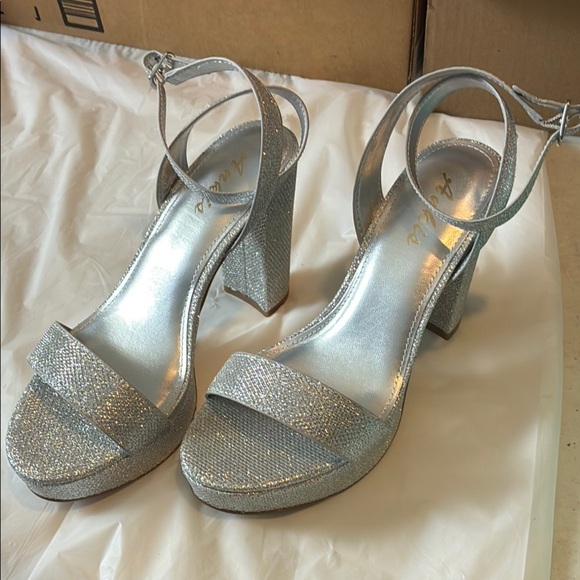 Glamorous Silver Glitter Heels with Ankle Strap - Picture 1 of 10